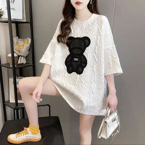 【送料無料】白 レディーストップス Tシャツ 半袖 クマ柄 くま 韓国 大きめ L ホワイト柄 韓国ファッション ロゴ かわいい オーバーサイズの画像2