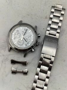 J22 1円~ 稼働品※難あり セイコー SEIKO クロノグラフ CHRONOGRAPH 6T63-00A0 クオーツ デイト 腕時計 白文字盤 ステンレス メンズ