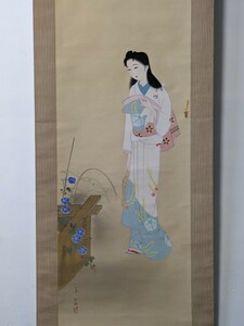 3902 【模写】玉泉筆　美人画　加賀千代女　掛軸　肉筆　絹本　布表装　桐箱
