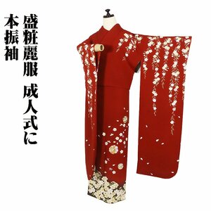 振袖 正絹 赤 紫 桜 花丸文 Mサイズ ki28699 美品 ふりそで hurisode レディース シルク ギフト 限定品 成人式 送料込み