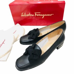 【美品】Salvatore Ferragamo フェラガモ パンプス リボン エナメルレザー ブラック 黒 レディース サイズ7