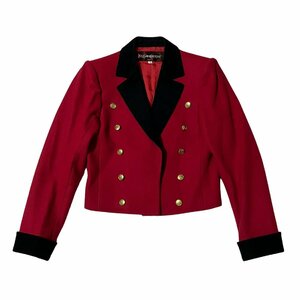 美品 SAINT LAURENT イヴサンローラン ジャケット ショート丈 コーデュロイ ロゴボタン レッド×ブラック系 ウール100％ レディース M