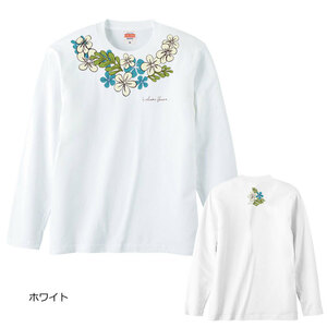 レディースM対応(タグ表記男女兼用S)/ホワイト*ハイビスカスレイ風プリントネックレス*長袖/Ｔシャツ/フラダンス/ハワイ/送料無料【tl057】