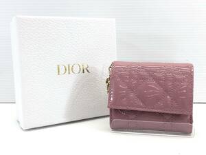 □Dior ディオール ロータスウォレット カナージュ パテントカーフスキン コンパクトウォレット レディース 三つ折り財布□