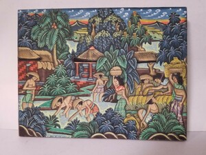 インドネシア　バリ島絵画　風景画　ウブド　キャンパス画(カンバス画)　水田　稲作　ココナッツ　男性　女性　裸体　朝焼け　夕焼け　空