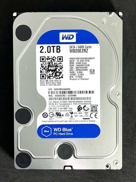 【送料無料】　★ 2TB ★　WD Blue　/　WD20EZRZ　【使用時間：5 ｈ】2018年製　新品同様　3.5インチ内蔵HDD　Western Digital Blue　SATA