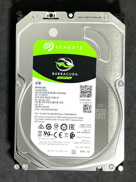 【送料無料】 ★ 4TB ★　ST4000DM004　/　Seagate BarraCuda 【 使用時間： 125 ｈ 】 2021年製　稼働極少　3.5インチ 内蔵HDD　SATA600