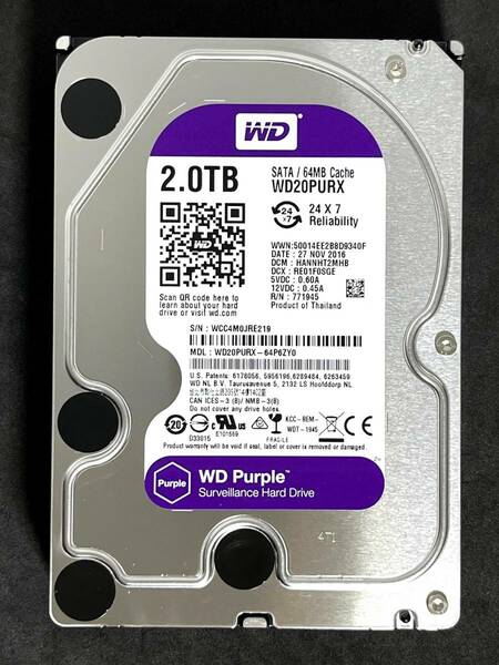 【送料無料】　★ 2TB ★　WD Purple / WD20PURX 【使用時間：11 ｈ】2016年製　新品同様 3.5インチ内蔵HDD　Western Digital Purple　SATA