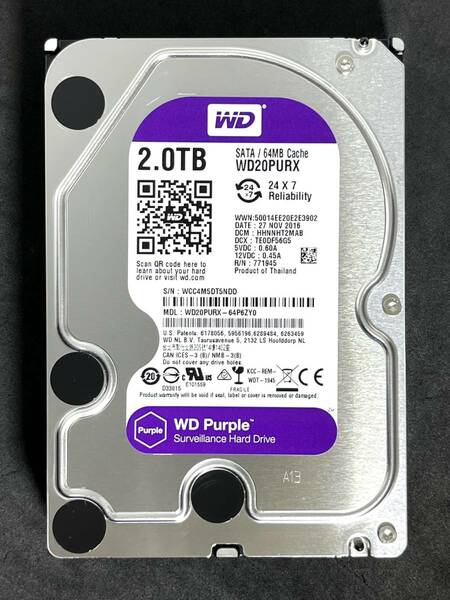 【送料無料】　★ 2TB ★　WD Purple / WD20PURX 【使用時間：17 ｈ】2016年製　新品同様 3.5インチ内蔵HDD　Western Digital Purple　SATA