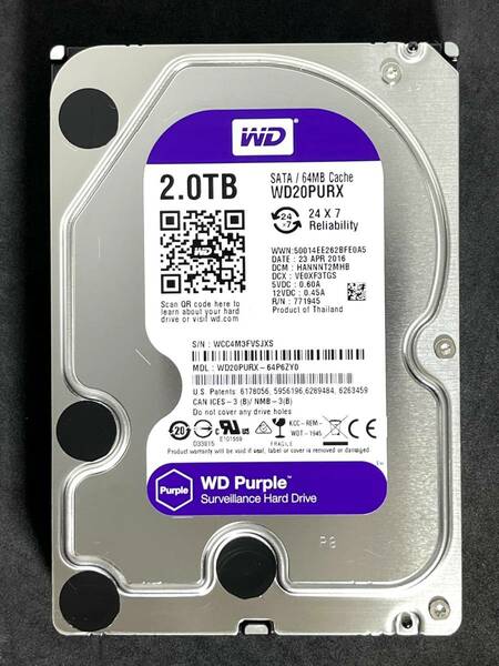【送料無料】　★ 2TB ★　WD Purple / WD20PURX 【使用時間：150 ｈ】2016年製　稼働少 3.5インチ内蔵HDD　Western Digital Purple　SATA