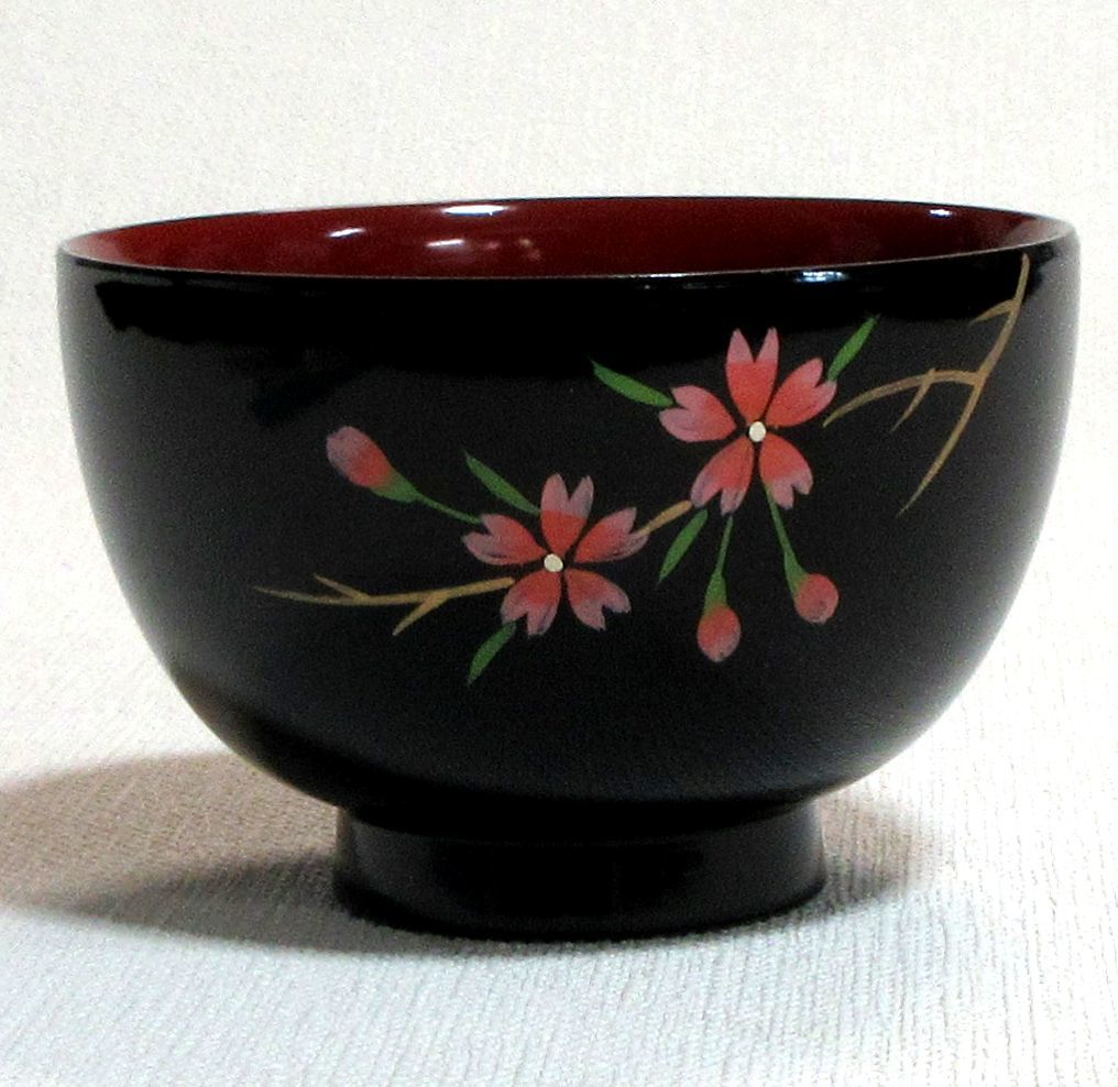 ★Cute hand-painted Makie♪★Aizu lacquerware soup bowl with Sakura Makie★Lacquerware hand-painted Makie Limited stock!, Tableware, Japanese tableware, Soup bowl