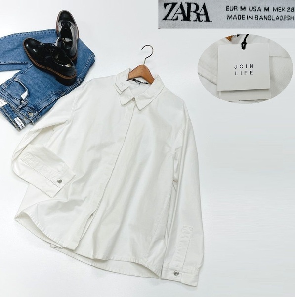 未使用品 /M/ ZARA ホワイト オーバーサイズデニム長袖ジャケット ジージャン レディース カジュアル アウター 大人可愛い白 デイリー ザラ