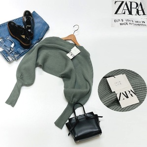 未使用品 /S/ ZARA グリーン ワイドスリーブニットセーター レディース タグ カジュアル トップス フェミニン 大人可愛い デイリー ザラ