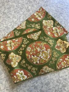 高級 袋帯 帯 金彩 　花　刺繍　モスグリーン