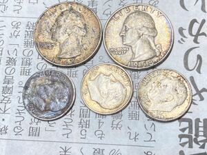 アメリカの銀貨　まとめて5枚セット　25セント2枚　10セント3枚　クォーターダラー　ダイムなど　希少　レアコイン　古銭　外国コイン　
