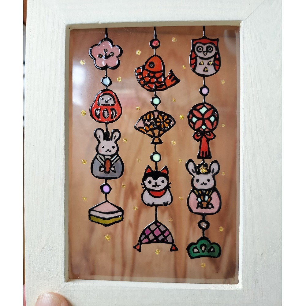 Free shipping*Stained glass style frame*Hanging dolls/Peach Festival/Handmade♪, handmade works, interior, miscellaneous goods, others