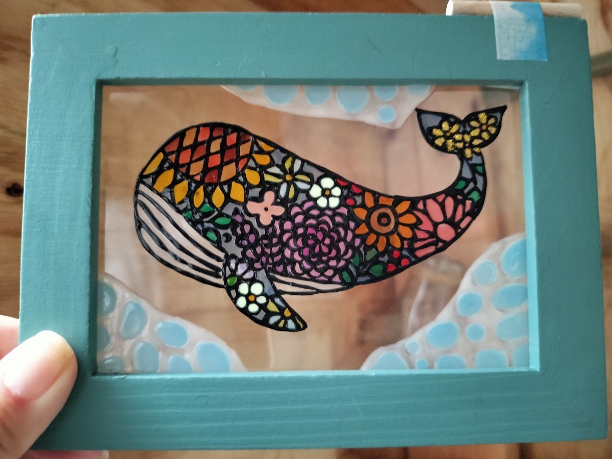 Free shipping*Stained glass style frame*Whale/flower pattern/handmade♪, handmade works, interior, miscellaneous goods, others