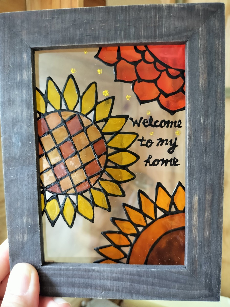 Free shipping*Stained glass style frame*Sunflower and sun･Handmade♪, handmade works, interior, miscellaneous goods, others
