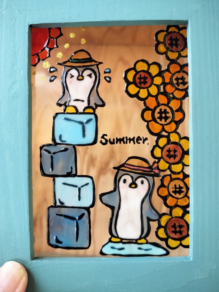 Free shipping*Stained glass style frame*Penguin and sunflower handmade♪, handmade works, interior, miscellaneous goods, others