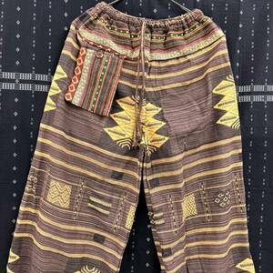  wide pants Thai pants ethnic geli pattern race pattern men's lady's free size cotton 100% c-234