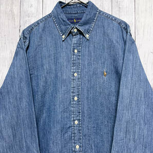ラルフローレン Ralph Lauren デニムシャツ 薄手 長袖シャツ メンズ ワンポイント コットン100% Lサイズ 5‐162