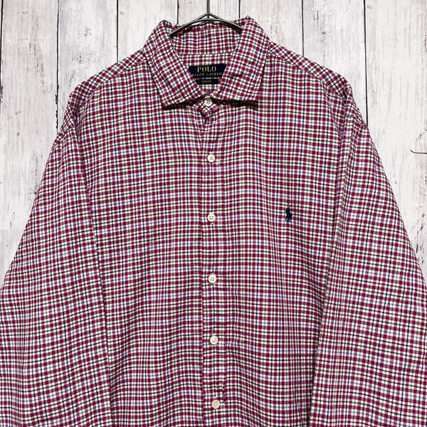 ラルフローレン Ralph Lauren SLIM FIT チェックシャツ 長袖シャツ メンズ ワンポイント コットン100% XLサイズ 5‐168