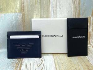 新品★EMPORIO ARMANI エンポリオ アルマーニ イーグルマーク ロゴ入り カードケース 名刺入れ★パスケース ネイビー系 紺色 革製 レザー