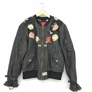  excellent *PINK HOUSE Pink House Denim blouson size L* black cotton 100% lady's outer rose embroidery 