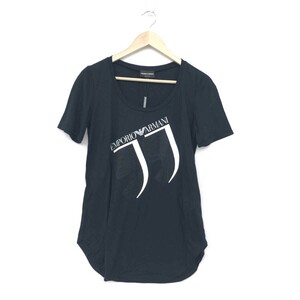 未使用品◆EMPORIO ARMANI エンポリオアルマーニ 半袖Tシャツ サイズ44◆ ブラック 綿レーヨン メンズ トップス ロゴ ラインストーン