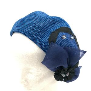 良好◆LANVIN en Bleu ランバンオンブルー ベレー帽 M◆ ブラック/ブルー アクリル ナイロン リボン レディース 帽子 ハット hat 服飾小物