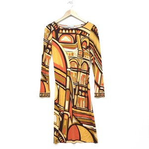  хороший *EMILIO PUCCI Emilio Pucci длинный рукав One-piece размер I40* Brown / orange искусственный шелк женский общий рисунок Италия производства 