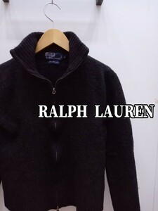 ★H033 RALPH LAUREN ラルフローレン ジップアップセーター ニット レディースL ラムウール 黒系 