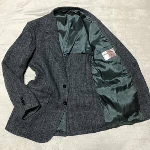 Harris Tweed ハリスツイード【人気のヘリンボーン】テーラードジャケット ブレザー 背抜き くるみボタン2B ウール グレー系 Mサイズ