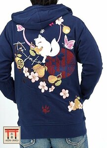 「妖梨の華狐」総刺繍パーカー◆今昔 ネイビーXLサイズ KJ-29164 和柄 和風 キツネ きつね こんじゃく