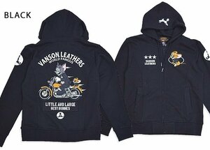 vanson×TOM＆JERRY 裏毛フルジップスウェットパーカー◆vanson ブラックXXLサイズ TJV-2404 バンソン ヴァンソン トムとジェリー 刺繍