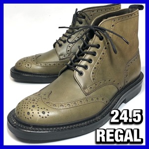 REGAL 24.5cm メンズ カーキ グリーン カントリーブーツ ウィングチップ リーガル JU16 革靴 レザー シューズ 本革 中古 *管理AM017G1