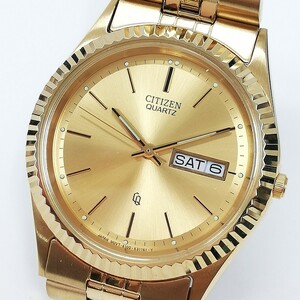 178 美品 CITIZEN シチズン 腕時計 6100-K9320 クォーツ デイデイト ラウンド ケース 保証書付き メンズ ゴールドカラー 動作未確認