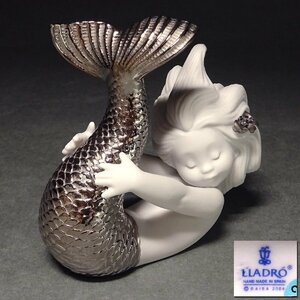 慶應◆【LLADRO リヤドロ】SILVER RE DECO シルバーリデコ『PLAYING AT THE SEA 可愛いマーメイド』プラチナ彩磁器人形 フィギュリン