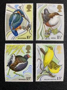 イギリス　野鳥保護100年記念　カワセミ　ムナジロカワガラス バン　ツメナガセキレイ 鳥　4種完　未使用 NH