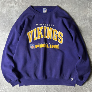 90s USA製 RUSSELL NFL バイキングス 3段 プリント 前V スウェット トレーナー XXL / 90年代 アメリカ製 オールド ラッセル パープル