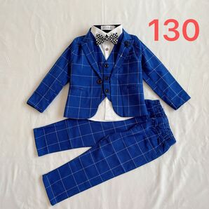 130cm キッズ フォーマル スーツ 6点セット 入学式 卒業式 結婚式 ブルー【102】