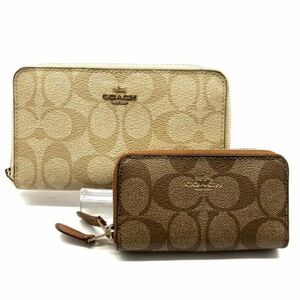 仙11【2点セット】COACH 財布 シグネチャー ベージュ系 ブラウン系 ラウンドファスナー ダブルジップ 札入れ 小銭入れ ミニ財布 長財布