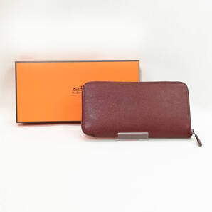 【美品級】HERMES(エルメス)アザップロング シルクイン 赤茶 ボルドー 人気カラー ラウンドファスナー 薄型 長財布【送料無料】067