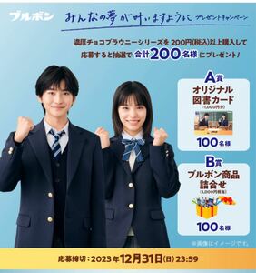 12/31〆 懸賞応募 図書カード 1000円分 ブルボン お菓子詰め合わせ 3000円分 当たる 濃厚チョコブラウニー　レシート高橋文哉 當真あみ