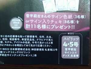 【1枚のみ】週刊ビッグコミックスピリッツ4・5号 雪平莉左さん サイン入り色紙orサイン入りチェキなどの応募券1枚 