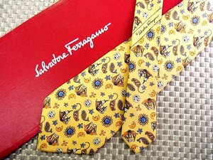 ♪33296C♪良品【船 ボート 帆船 乗り物 魚 月 太陽 星 柄】フェラガモ【Ferragamo】ネクタイ