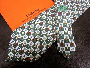 ♪vr0654♪良品♪【HERMES】エルメス【人参 大根 野菜 格子 柄】ネクタイ