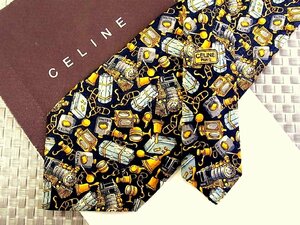 ♪33303C♪良品【機関車 乗り物 ベル 香水 金具 柄】セリーヌ【CELINE】ネクタイ