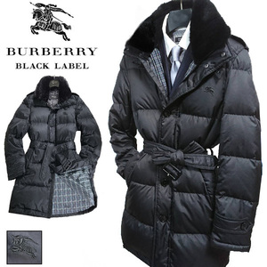 美品！L(3)★ラビットファー＆ノバチェック★バーバリーブラックレーベル トレンチコート型ダウンコート■BURBERRY BLACK LABELジャケット