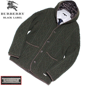 美品！2(M) バーバリーブラックレーベル 羊毛ニット フードパーカー 中綿 ケーブル編みキルティングジャケットBURBERRY BLACK LABELコート